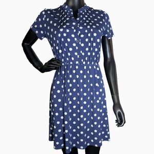 Elie McCarthy Petite Blue Polka Dot Dress PS Elastic Waist Short Sleeve